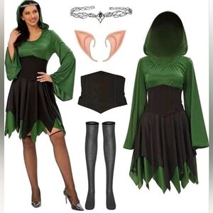 Funnlot Renaissance Medieval Fairy Elf Costume Dress, Elf Ears & Crown Sz Large